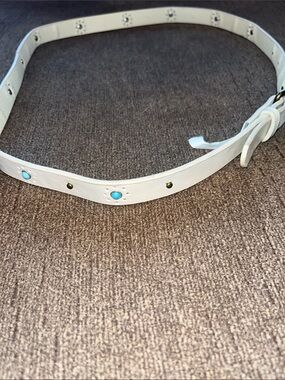 White Studded Leather Waist Belt with Turquoise Accents
